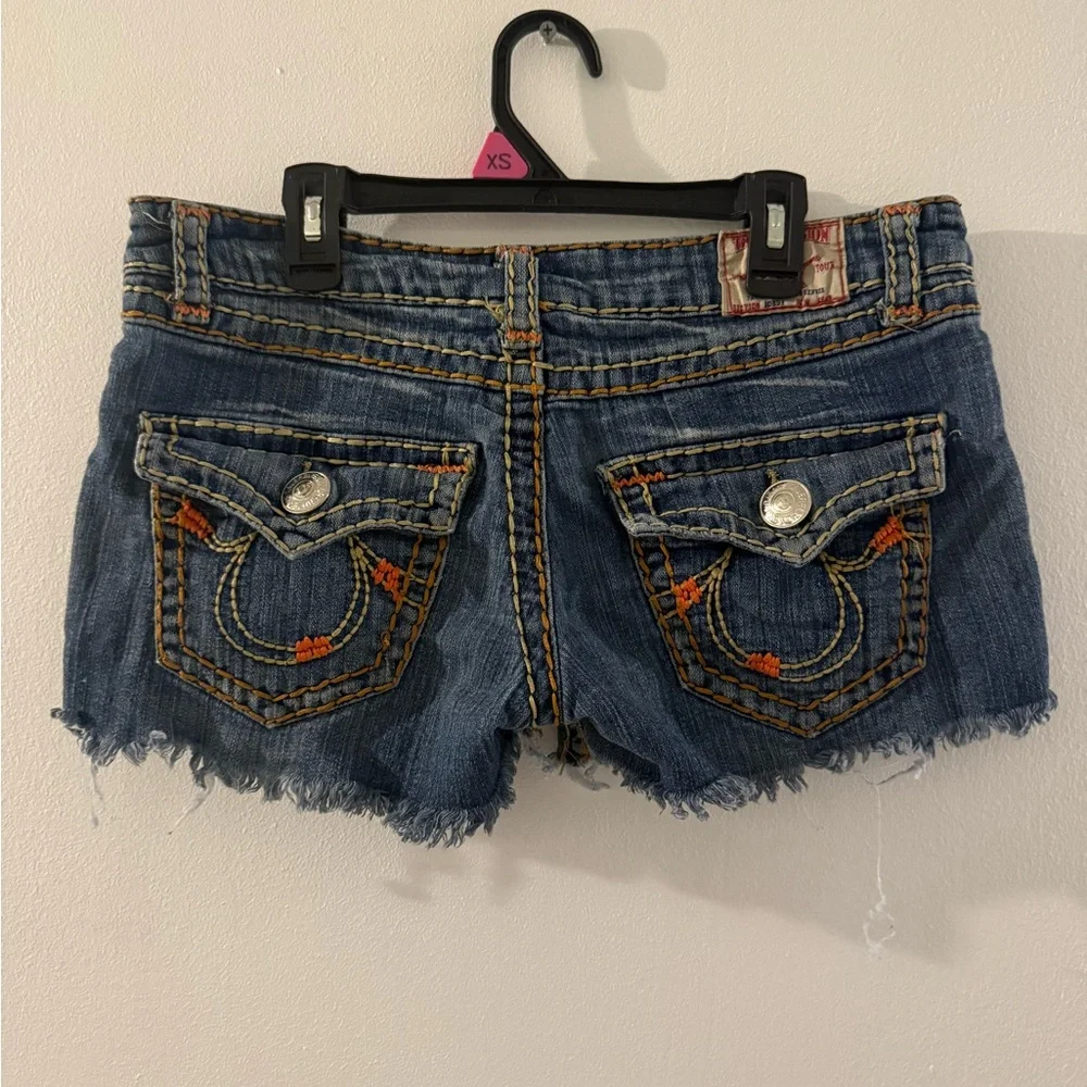 True Religion Blue Jean Shorts with Frayed Hem - Picture 2 of 3